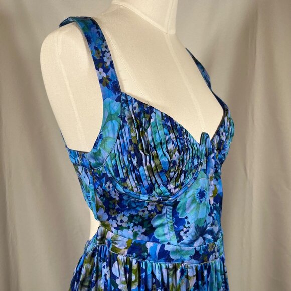 FOR LOVE & LEMONS Astor Midi Dress Blue Floral Sz L Pleated Bust Lace Up Back - Picture 7 of 16